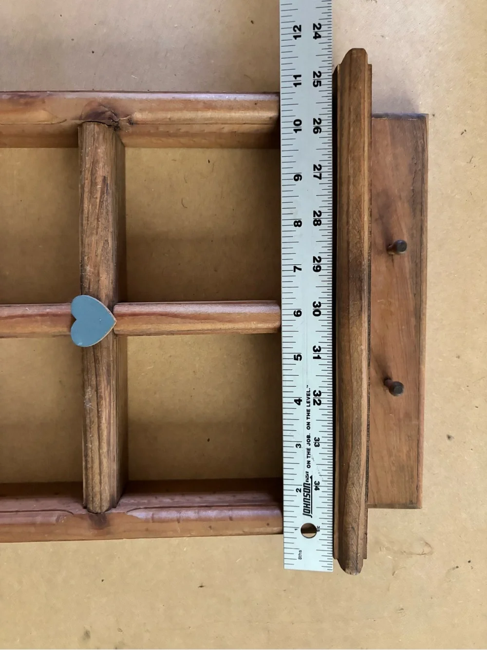 Hand Crafted Brown Wood Wall Display Shelf with Blue Heart Accent